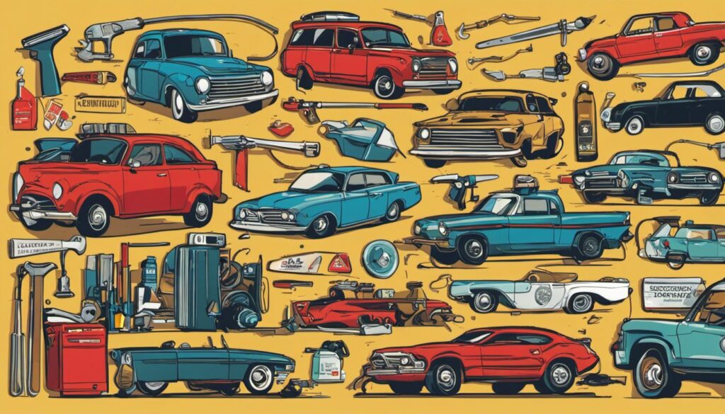 Sammlung von Autoprüfsiegeln aus verschiedenen Agenturen, umgeben von Werkzeugen.