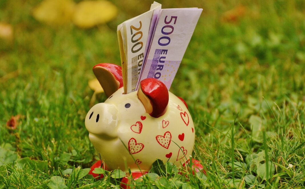 Ein cremefarbenes Sparschwein mit roten Herzen steht auf einer grünen Wiese. Aus dem Schlitz ragen Geldscheine im Wert von 200 und 500 Euro.