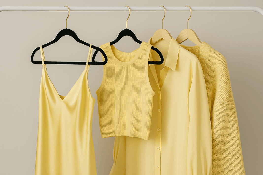 Vier Kleidungsstücke in Butter Yellow – ein Slipdress, ein Stricktop, eine Bluse und eine Strickjacke – hängen ordentlich nebeneinander an einem weißen Kleiderständer.