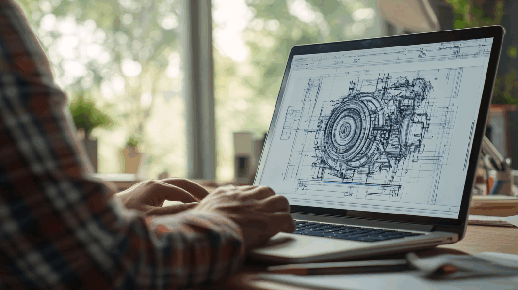 LBV-104 Eine Person arbeitet an einem Laptop, auf dessen Bildschirm eine technische Zeichnung oder ein 3D-Konstruktionsplan einer Maschine zu sehen ist.